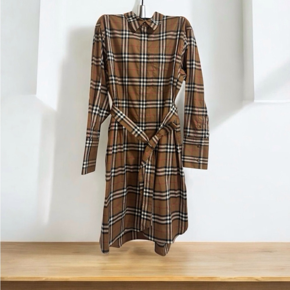 Burberry Long Sleeve Plaid Dress in Brown